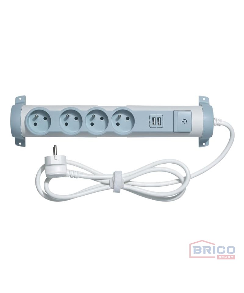 Rallonge (4*2P+T )+2 chargeurs USB - Blanc-Gris